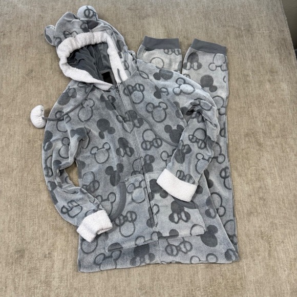 Disney Mickey Minnie Mouse Grey Fleece Hooded Union Suit Onesie Pajamas Womens S - Picture 2 of 10